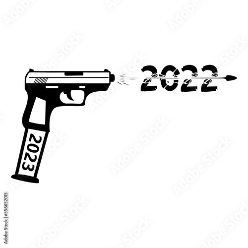 2022 being fired from gun and 2023 loaded to pistol magazine concept, Twenty Twenty three vector icon design, Happy New Year 2023 Symbol, HNY Wishe Sign, New Years Eve celebration Element illustration