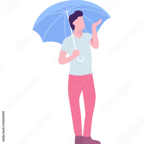 Adult man standing under umbrella vector icon