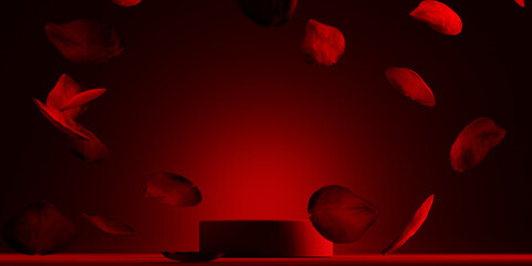 Red product podium placement on solid background with rose petals falling. Luxury premium beauty, fashion, cosmetic and spa gift stand presentation. Valentine day present showcase.