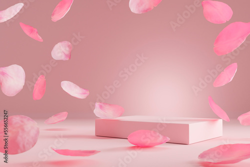 Pink product podium placement on solid background with rose petals falling. Luxury premium beauty, fashion, cosmetic and spa gift stand presentation. Valentine day present showcase.