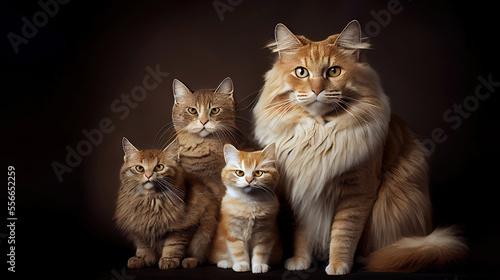 family portrait of a serbian purebred cat mother with her 3 kitties isolated on dark background with copyspace area