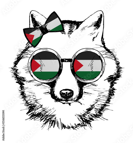 Fox hand drawn portrait. Patriotic sublimation in colors of national flag on white background. Jordan