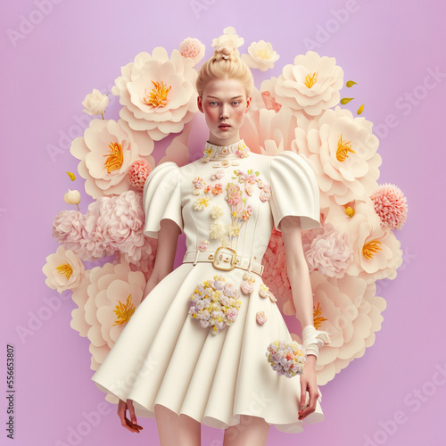 Beautiful, abstract, love, woman portrait in pastel flower dress made of fresh Spring flowers, goddess in costume of Spring. Soft color background. Fashion style, Illustration girl, Generative AI.