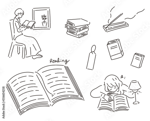 読書をする人や栞のセットイラスト　本　積読