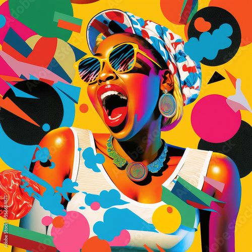 Happy fusion of contemporary art and old-fashioned style. Pop art background, colorful, bright colors, collage smiling girl portrait and different elements and symbols. Illustration. Generative AI.
