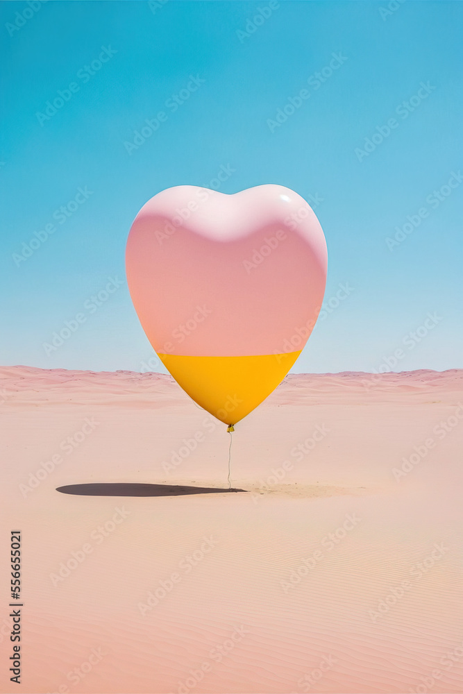 Fototapeta premium Minimal love concept of pink heart shaped balloon in the middle of sandy desert. Soft pastel colors. Creative Valentine's Day. Illustration. Generative AI.