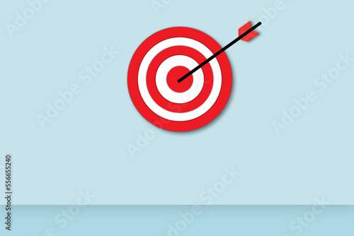 Dart arrow with red target centre on pastel blue background. Business target or goal success and winner concept. copy space for the text. illustration paper cut minimal design style.