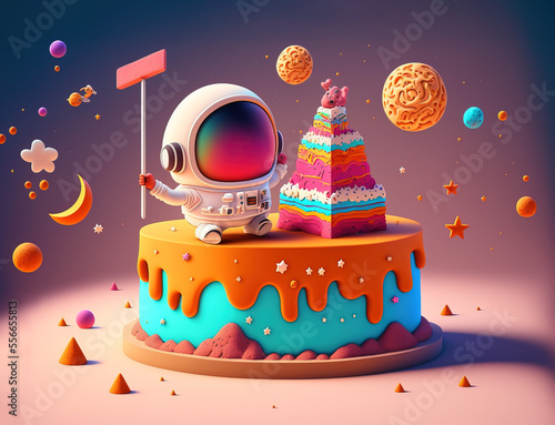A pastel illustrated birthday party with a colorful delicious cake and a little astronaut who won his birthday in space. Balloons, confetti and fun. Generative AI. photo