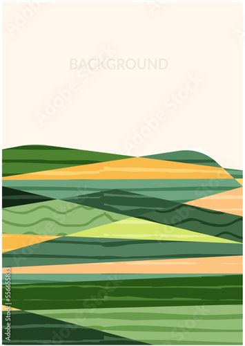 Abstract vertical green hill field landscape poster. Natural eco textured mountain background. Social media template in vintage style. Rural view, countryside layout, collage agriculture