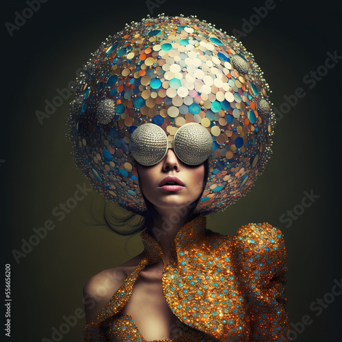 Party outfit, young woman ready to go out. Disco styling glitter, disco ball. Futuristic but retro look, young people having fun the old fashioned way. Illustration. Generative AI.