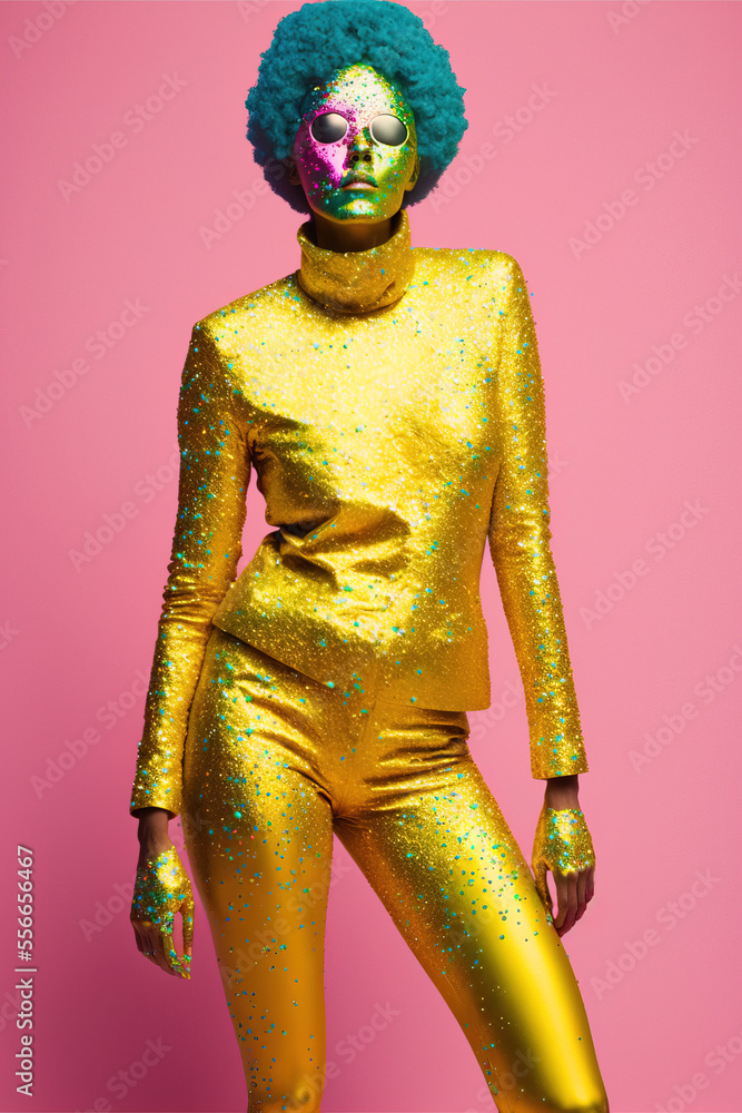 Party outfit, young woman ready to go out. Disco styling glitter suit. Futuristic but retro look, young people having fun the old fashioned way. Illustration. Generative AI.