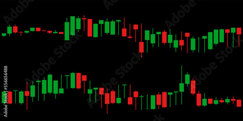 Two red and green Japanese candlestick graph charts on black background. Market investment. Forex trading, stock exchange and crypto price technical analysis vector illustration. Traders tool