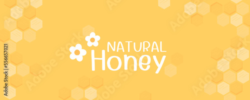 Beehive honey sign label with hexagon grid cells, yellow daisy flower and cute bee cartoon on white background vector.
