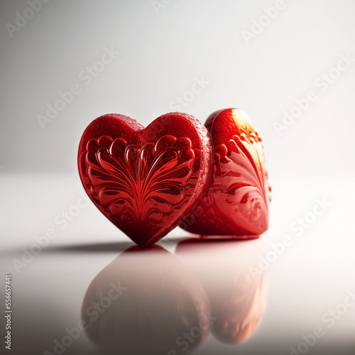 Two romantic red hearts with decorative ornament on a white background. Generative AI, generative artificial intelligence