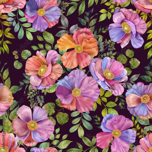 Buttercup flowers bouquets seamless pattern Colorful floral print on dark background Watercolor botanical illustration Spring blossom