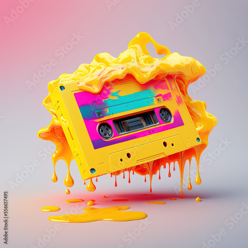 Canvas Print Creative colorful retro concept of melting cassette tape, symbols of celebration and music party