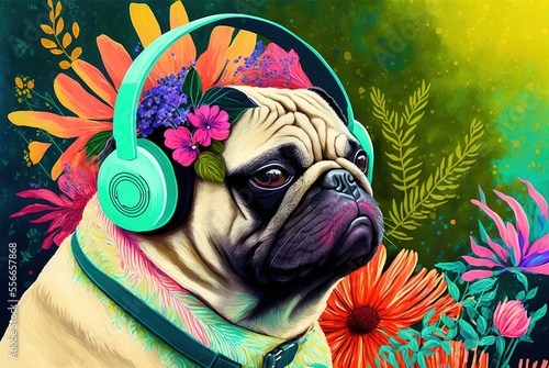 Flower power hippie pug in nature with colorful sunglasses and headphones, out and about exploring lovely springtime outside. 