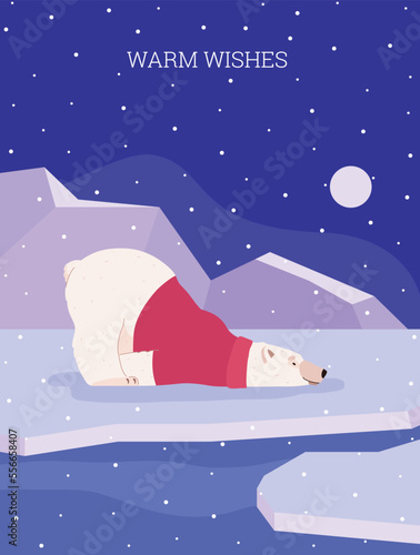Christmas greeting card with polar bear lying in Arctic, cartoon flat vector illustration.