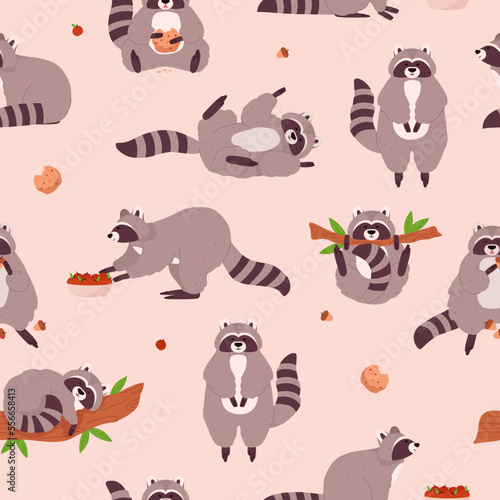 Funny racoons hand drawn seamless pattern for textile and wallpaper flat vector.