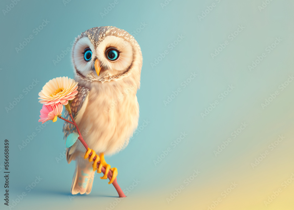 Obraz premium A cute little baby owl carrying a big bouquet of fresh Spring flowers as a symbol of love. Pastel, creative, animal concept. Valentine's Day. Illustration. Generative AI.