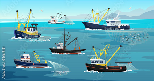 Set of commercial fishing ships with full fish net under water. Fishing boat with yellow mast working in ocean catching by seine tuna, herring, sardine, salmon. Industry vessels. Vector illustration