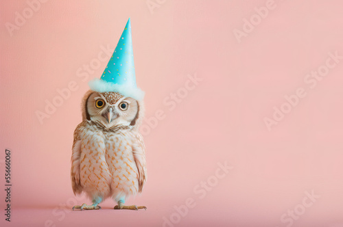 A cute little birthday owl with birthday cap celebrating his birthday, symbol of love. Pastel, creative, animal concept. Birthday party for owls. Illustration. Generative AI.