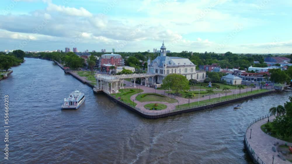 Aerial orbit of the Tigre Art Museum (MAT), province of Buenos Aires. Neoclassical architecture, cloudy day. Argentina. Reconquista River and Lujan River. Aerial orbit of the Tigre Art Museum (MAT), province of Buenos Aires. Neoclassical architecture, cloudy day. Argentina. Reconquista River and Lujan River.