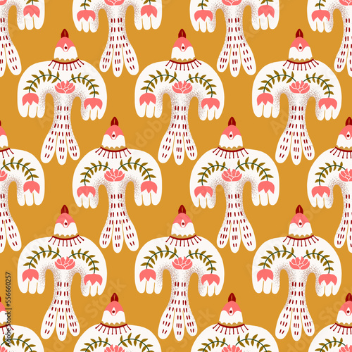 Folk Art Birds Flying Up Vector Seamless Pattern