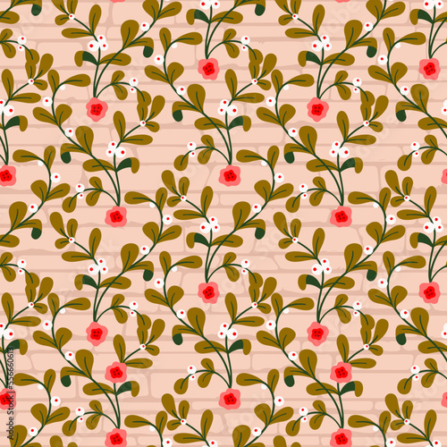 Nordic Floral and Berries Branches Vector Seamless Pattern
