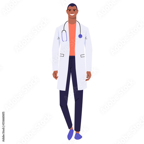 Dark-skinned male doctor isolated on white background. A medical worker in a white coat and with a stethoscope. Full-length smiling character. Flat style, vector.
