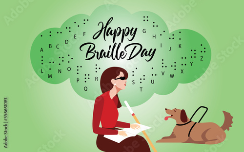 World Braille Day, Vector illustration of blind woman reading braille alphabet with service dog and cane stick