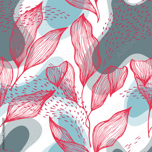 Sketch style doodle line texture leaves over stains and dots seamless vector ...