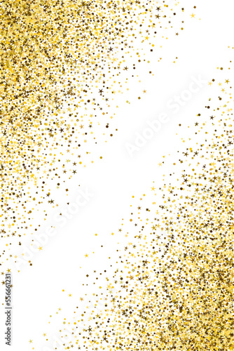 Creative gold confetti dust scatter pattern. Triangle square circle star elements background. Banner template. Glittering grit granules grain confetti. Birthday decoration gleaming splatter