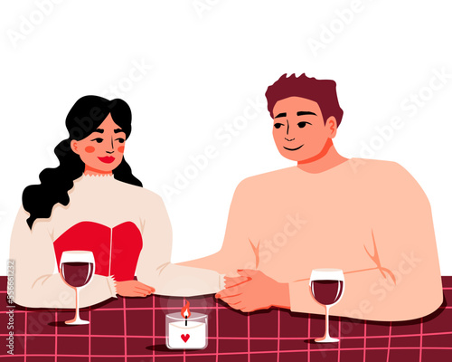 Valentine's day celebration. Couple having date at restaurant or cafe. Wife and husband celebrating anniversary, drinking red wine and talking. Date of man and woman by candlelight. Vector
