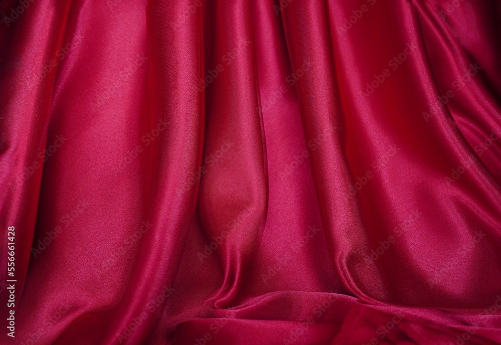 Fototapeta premium Beautiful wavy bright red curtains close up Blur or Berry