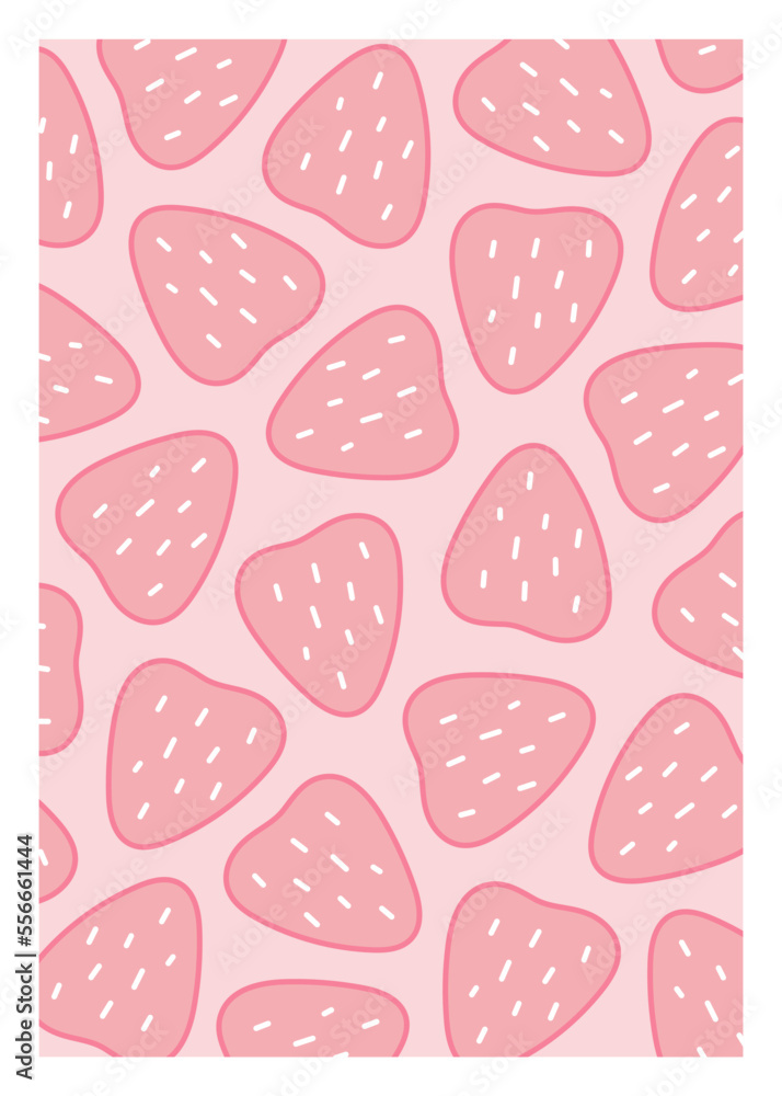 Poster with strawberries. Vector illustration of pink berries. Interior design. Summer strawberry background.
