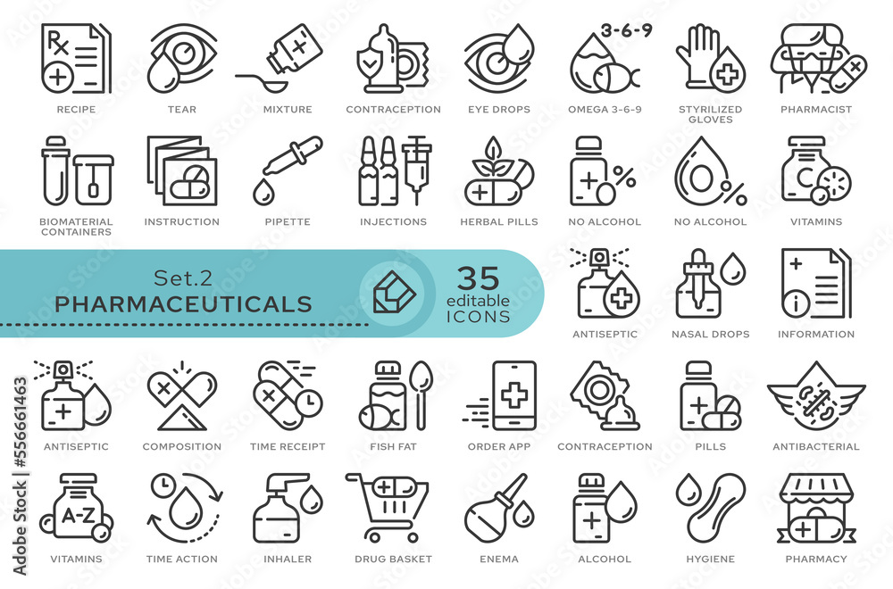 Set of conceptual icons. Vector icons in flat linear style for web sites, applications and other graphic resources. Set from the series - Pharmaceutics. Editable outline icon.	
