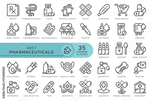 Set of conceptual icons. Vector icons in flat linear style for web sites, applications and other graphic resources. Set from the series - Pharmaceutics. Editable outline icon.	