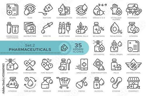 Set of conceptual icons. Vector icons in flat linear style for web sites, applications and other graphic resources. Set from the series - Pharmaceutics. Editable outline icon.	
