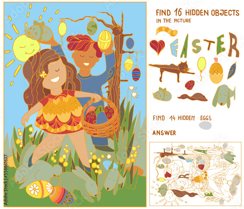 Find  hidden objects. Egg hunt. Kids search and find Easter eggs. Little boy and girl, bunnies, eggs  basket, flowers. Puzzle for kids. Easter game. Hand drawn vector illustration.