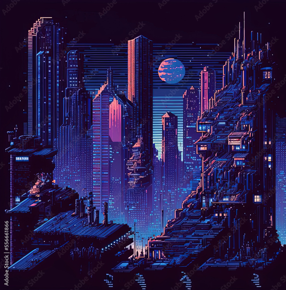 Cyberpunk neon city street at night. Futuristic city scene in a style of  pixel art. 80's wallpaper. Retro future 3D illustration. Urban scene. Stock  Illustration