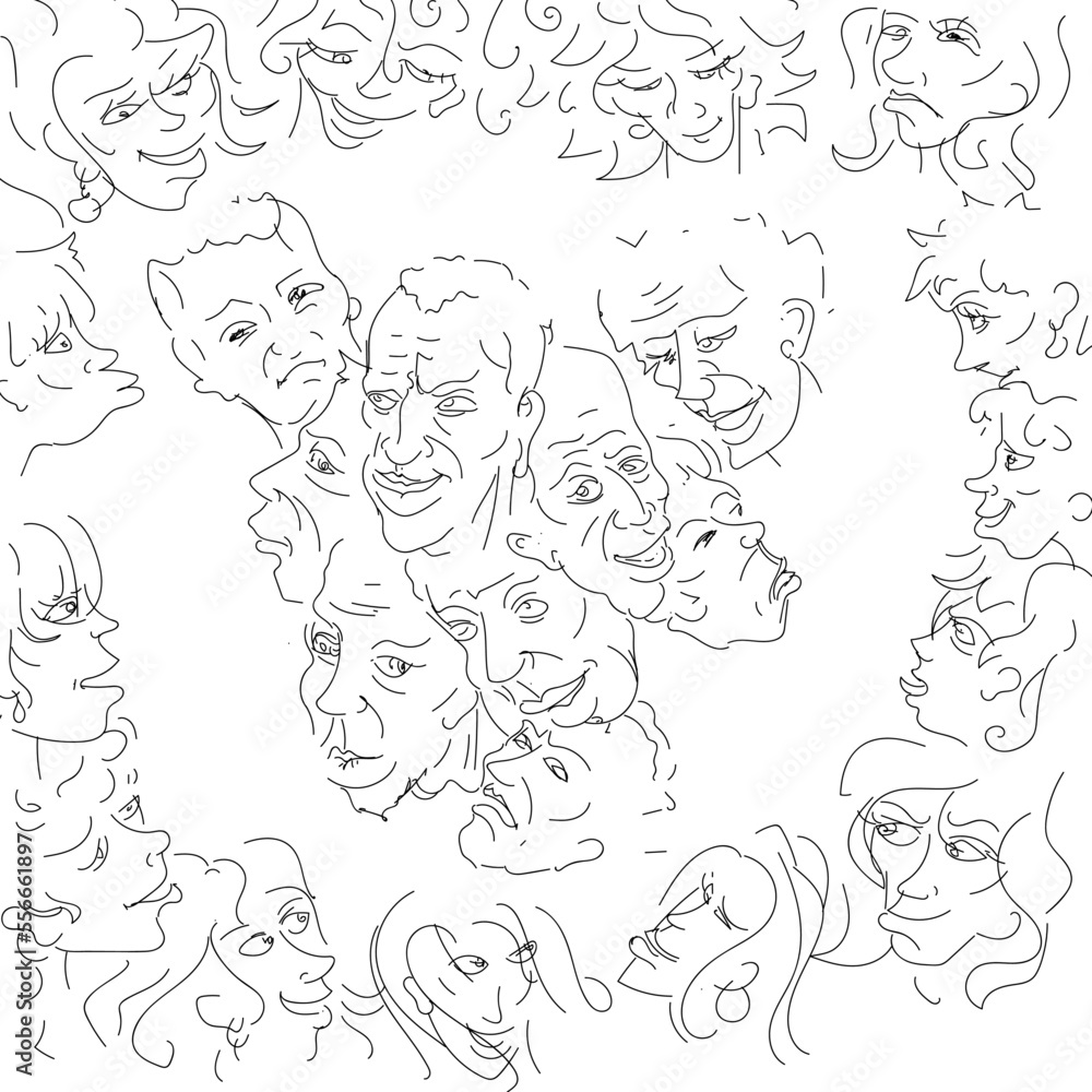 Funny head men and women line drawing