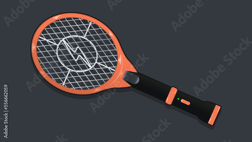 Electric mosquito swatter with torch light, realistic vector illustration in trendy flat 3D style, isolated on matching cool background.  Orange mosquito electric racket. Editable graphic resources.
