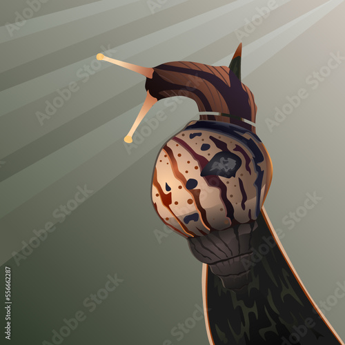 3D Vector illustration of amazing javanese tropical snail in the morning sun on the tips of Sansevieria leaves, in realistic flat design style. Editable graphic resources, perfect for many purposes.