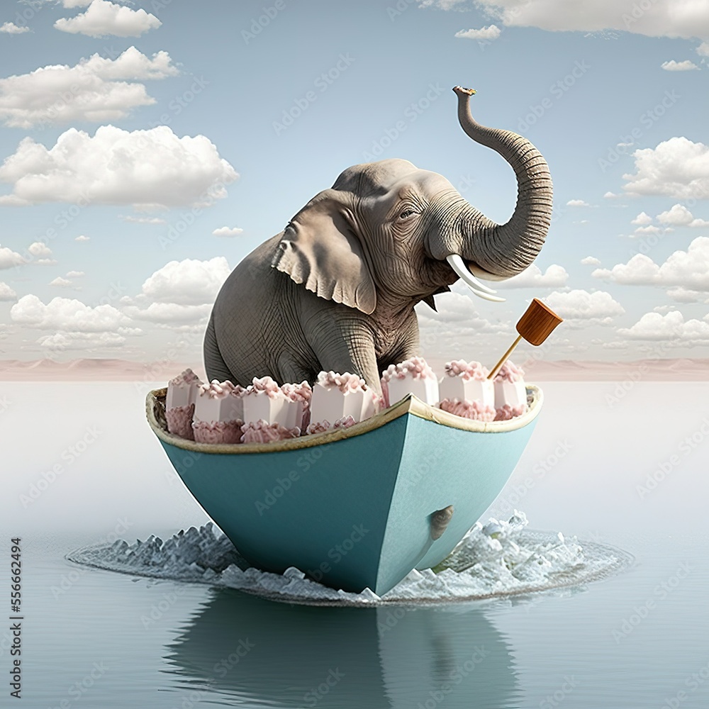 Illustrazione Stock elephant on the boat with cakes in the sea, generative  AI | Adobe Stock