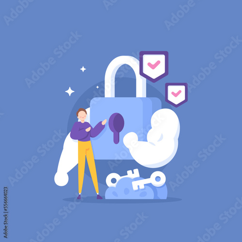 strong security and protection system. guard or protector. customer data protection services. a user feels safe and trusts with a padlock. concept illustration design. graphic elements