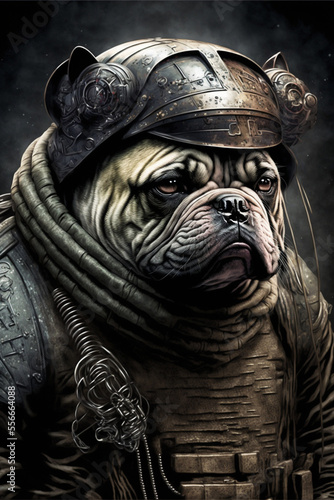 Bulldog portrait in military style