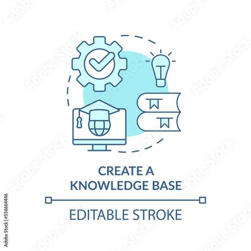 Create knowledge base turquoise concept icon. Product feature and application train abstract idea thin line illustration. Isolated outline drawing. Editable stroke. Arial, Myriad Pro-Bold fonts used