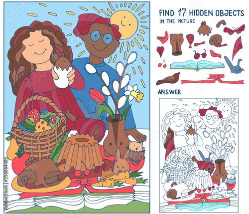 Find the hidden objects. Boy and Girl with a bunny at the Easter table. Spring game. Puzzle for children or adult. Hand drawn vector illustration.