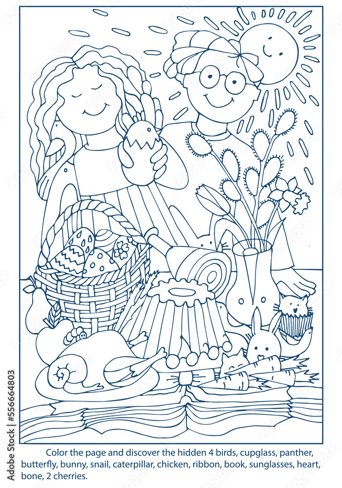 Easter Coloring page with game finding hidden objects. Boy and Girl with a bunny at the Easter table. Spring game. Puzzle for children or adult. Hand drawn vector illustration